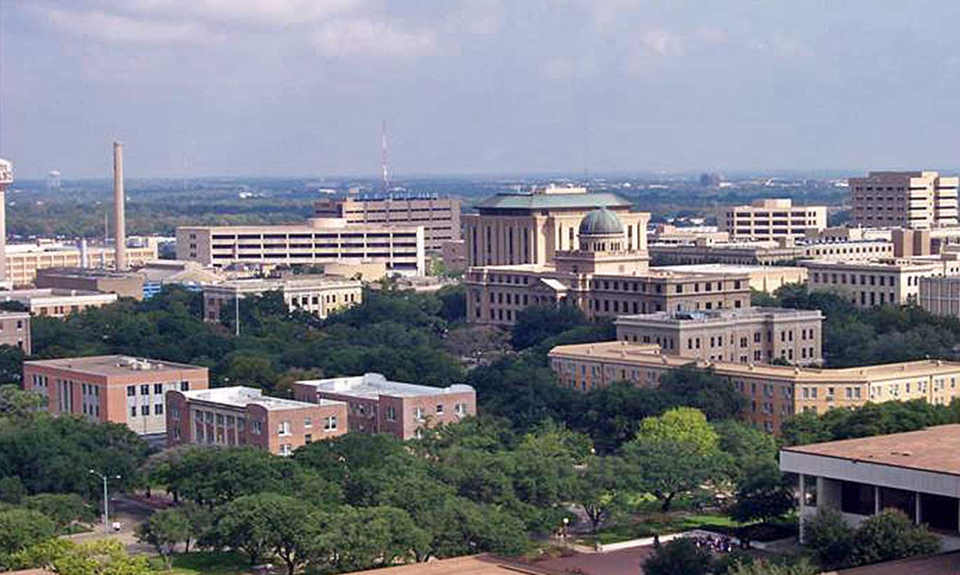 Aerial view of buildings in downtown College Station, Texas.