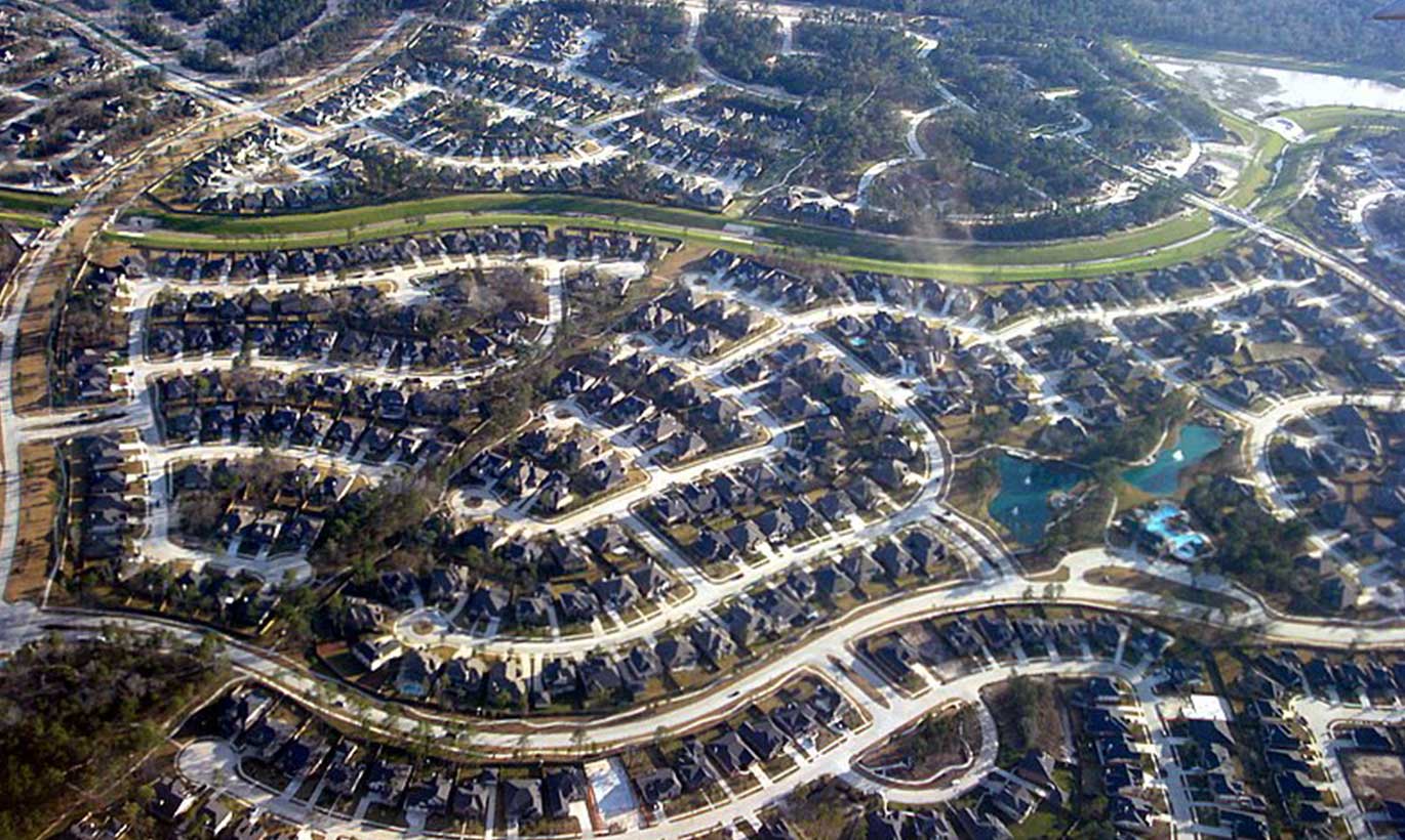 An aerial shot of new housing development and neighborhoods in The Woodlands, Texas